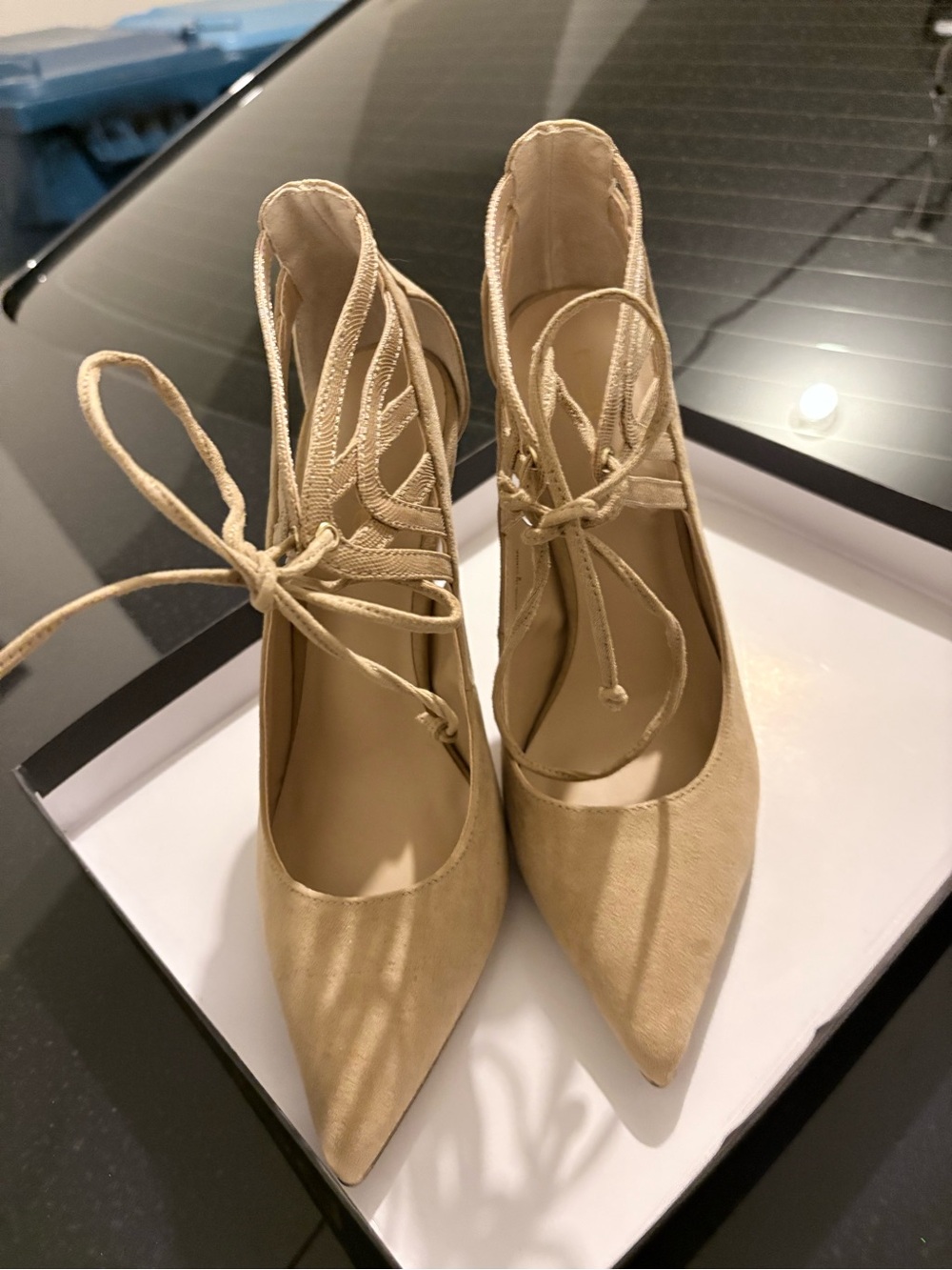 bebe Lace-Up Pointed Toe Heels - Beige